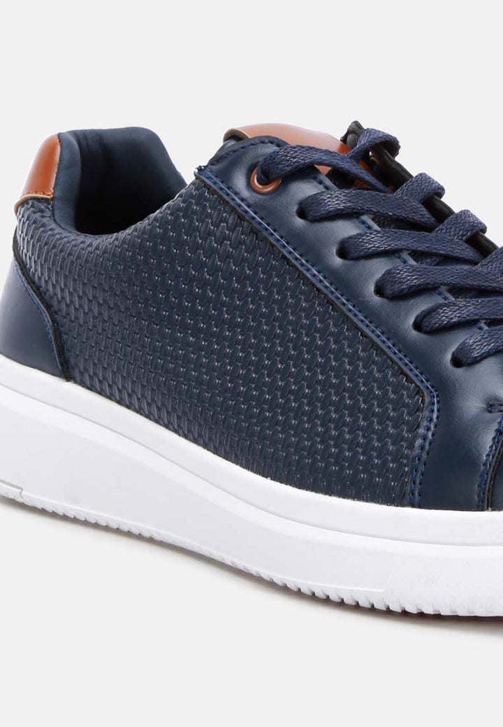 men faux leather embossed lace-up sneakers#color_navy