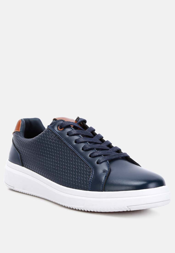 men faux leather embossed lace-up sneakers#color_navy