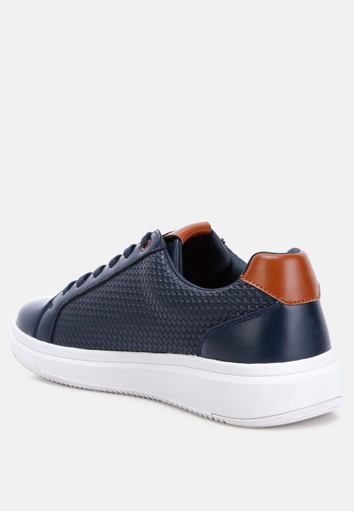 men faux leather embossed lace-up sneakers#color_navy