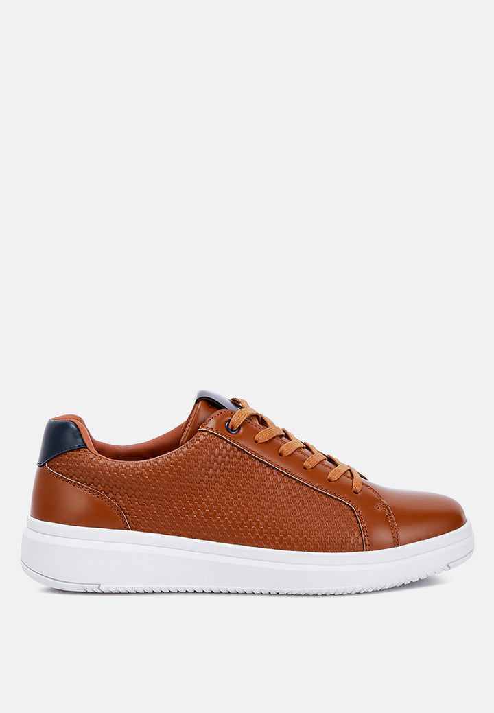 men faux leather embossed lace-up sneakers#color_tan
