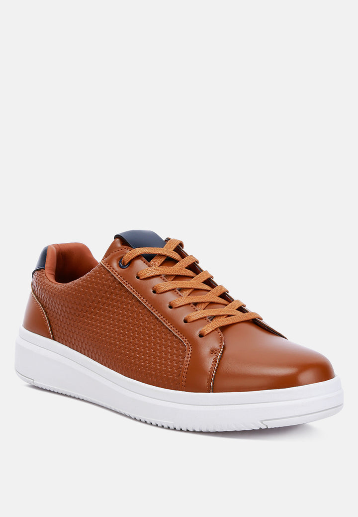 men faux leather embossed lace-up sneakers#color_tan