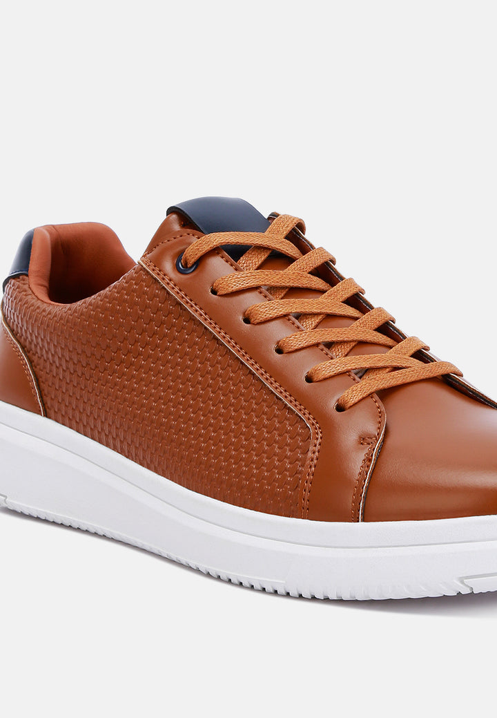 men faux leather embossed lace-up sneakers#color_tan