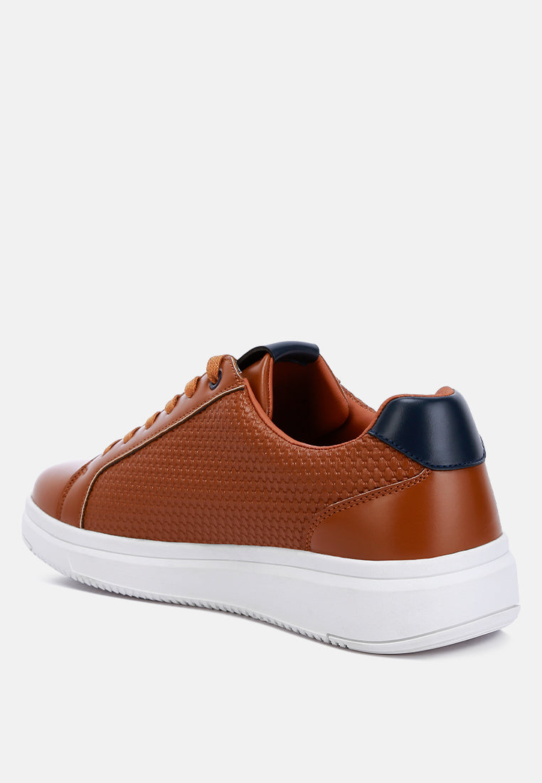 men faux leather embossed lace-up sneakers#color_tan