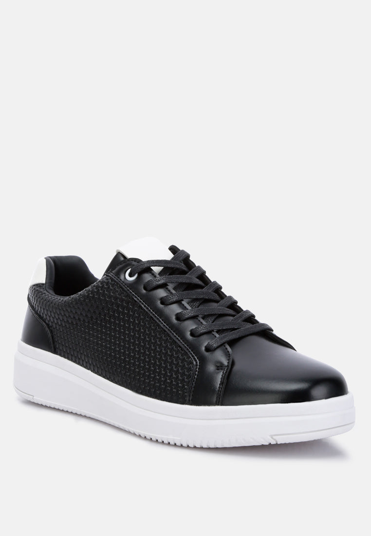 men faux leather embossed lace-up sneakers#color_black