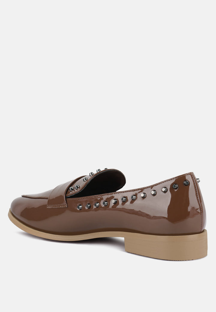 women patent stud penny loafers#color_tan