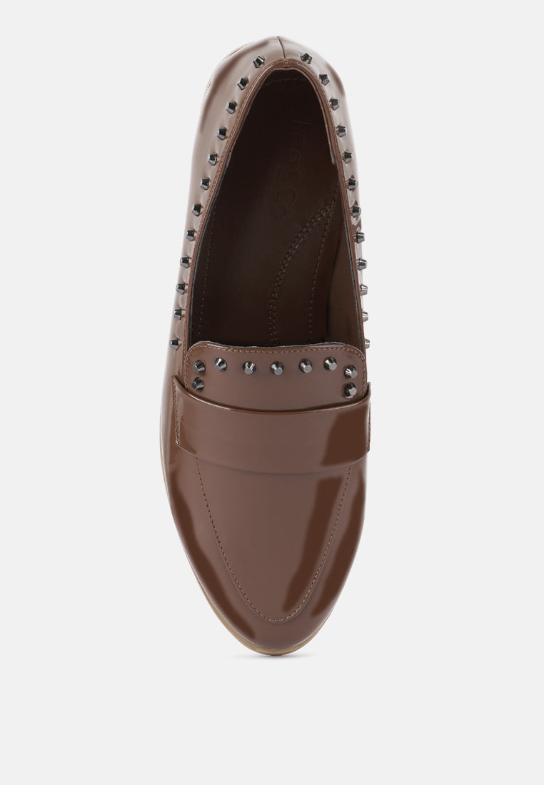 women patent stud penny loafers#color_tan