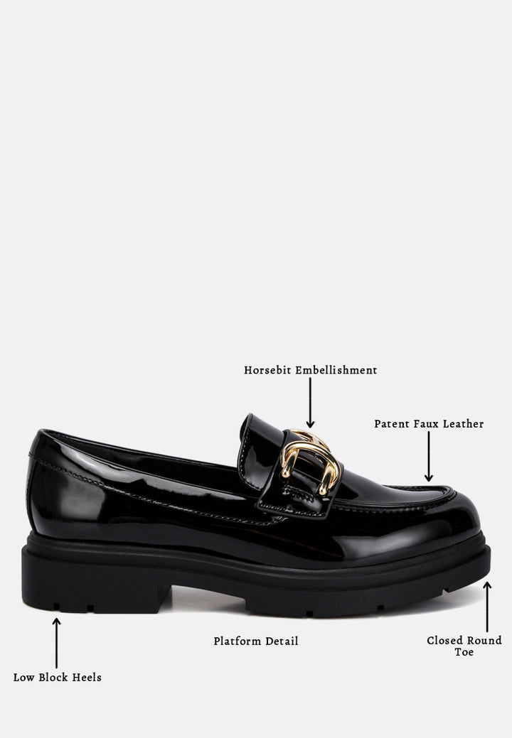 women horsebit embellished platform loafers#color_black