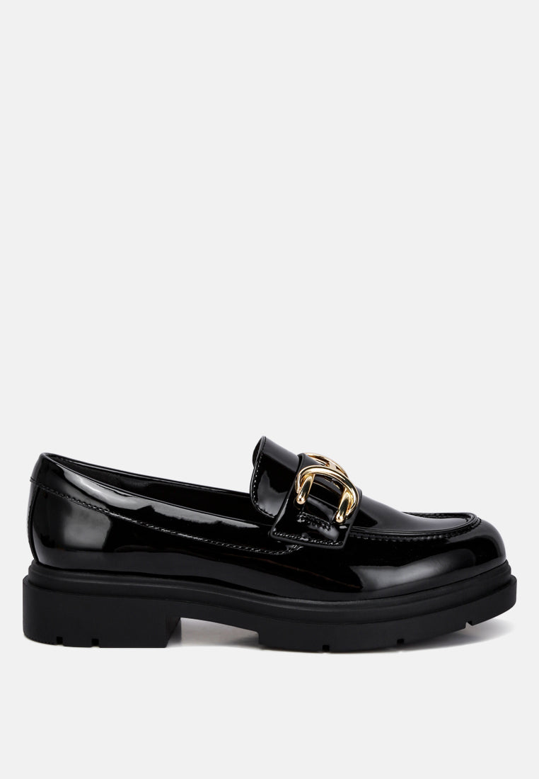 women horsebit embellished platform loafers#color_black