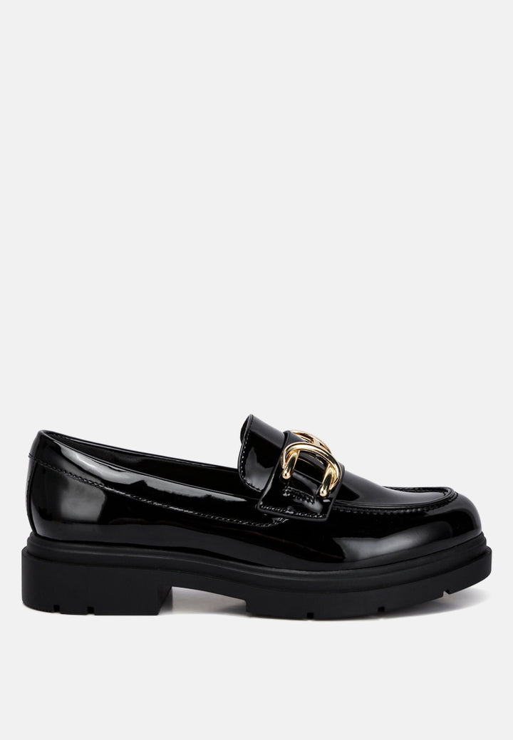 women horsebit embellished platform loafers#color_black