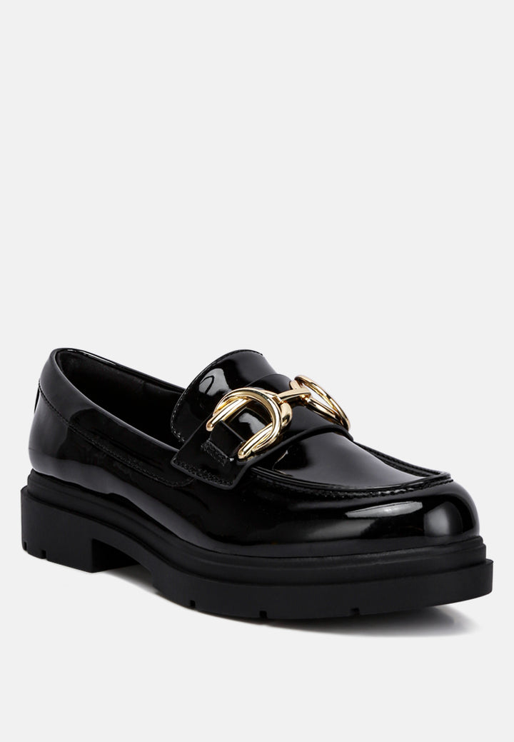 women horsebit embellished platform loafers#color_black