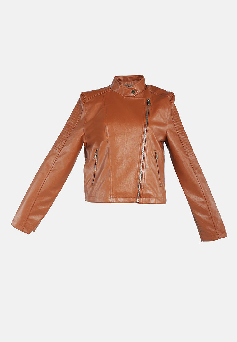 faux leather biker jacket#color_brown