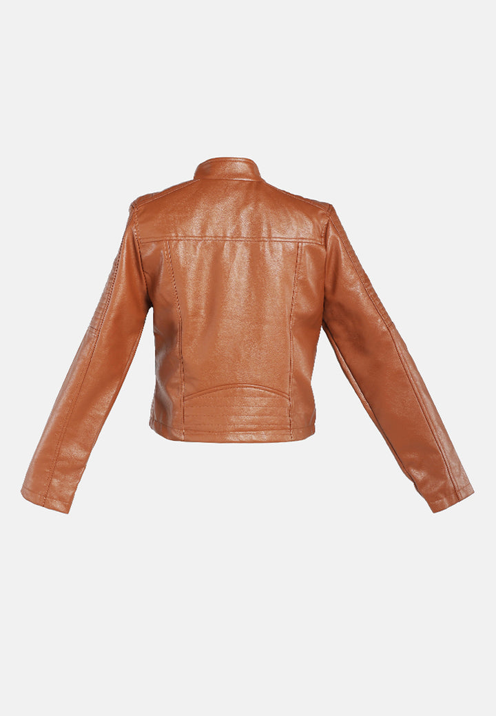 faux leather biker jacket#color_brown