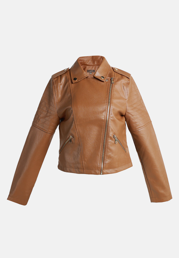 women collared pu biker jacket#color_camel