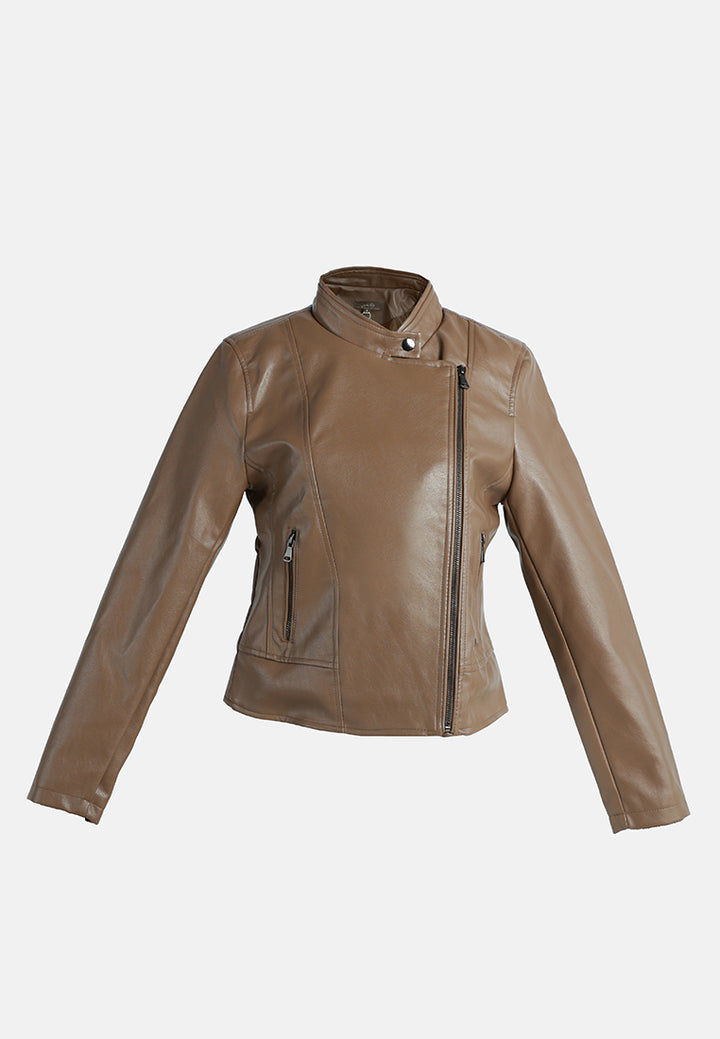 women collared pu biker jacket#color_coffee