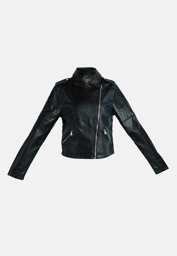 women collared pu biker jacket#color_black