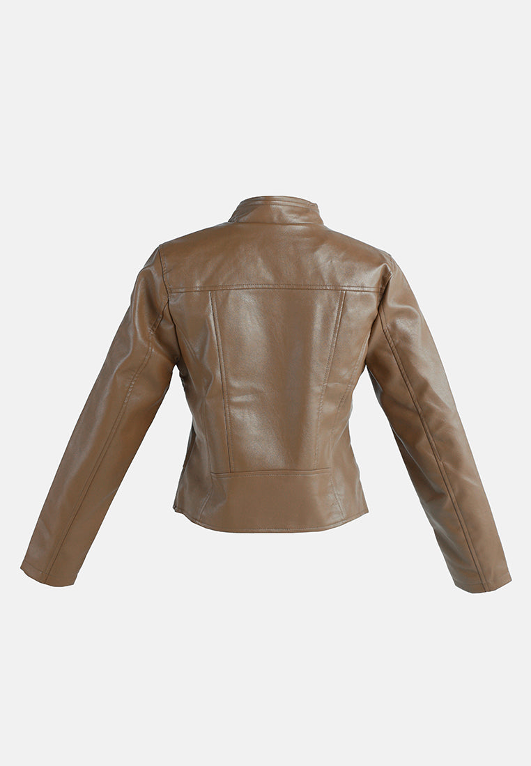 women collared pu biker jacket#color_coffee