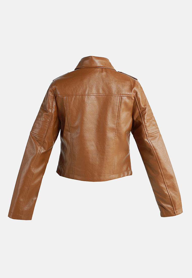 women collared pu biker jacket#color_camel
