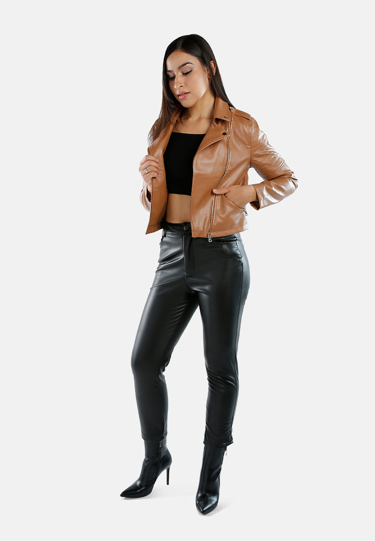 women collared pu biker jacket#color_camel