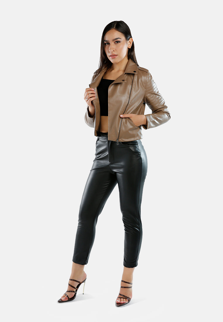 women collared pu biker jacket#color_coffee