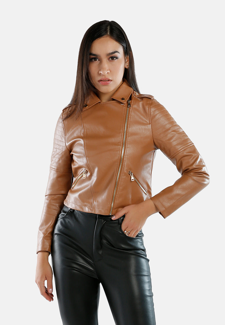 women collared pu biker jacket#color_camel