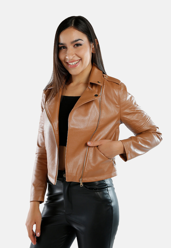 women collared pu biker jacket#color_camel