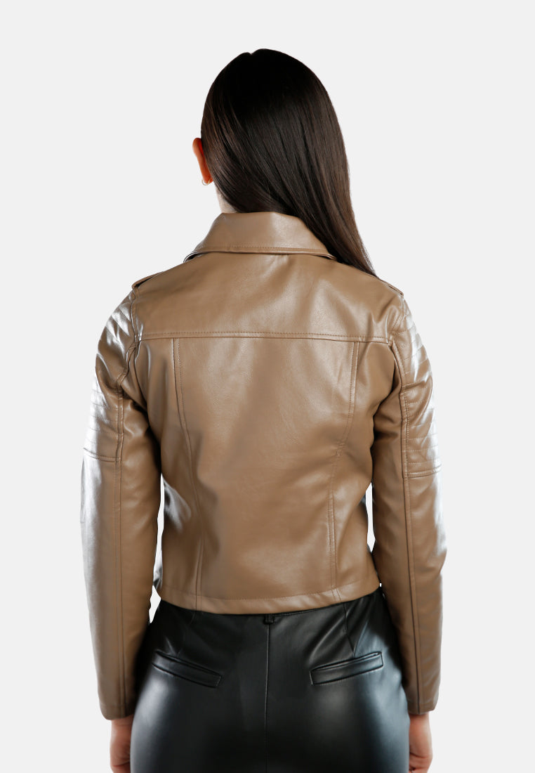 women collared pu biker jacket#color_coffee