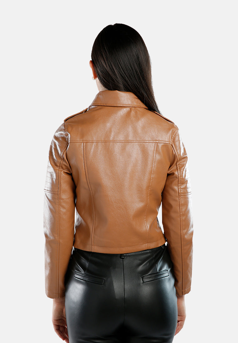 women collared pu biker jacket#color_camel