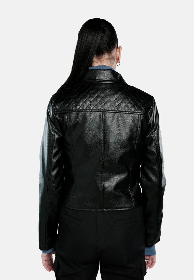 women pu collared biker jacket#color_black