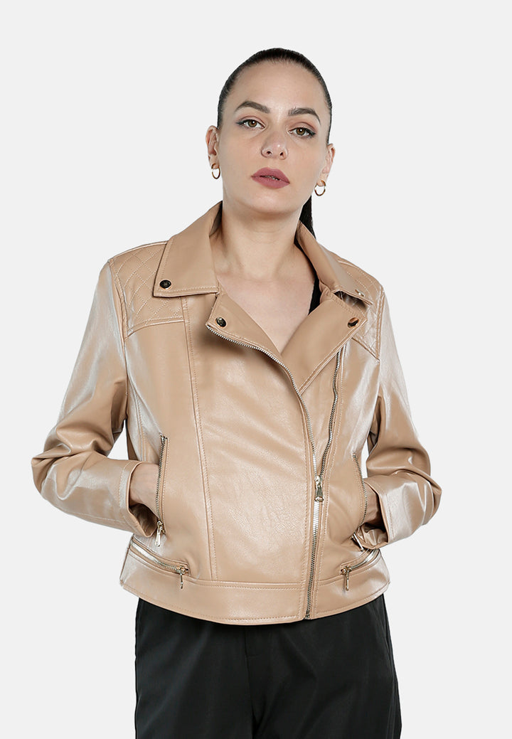 women pu collared biker jacket#color_taupe