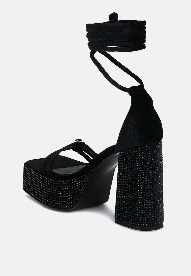 women high platform diamante lace up sandals#color_black
