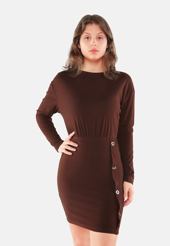 women fitted button detail bodycon dress#color_coffee