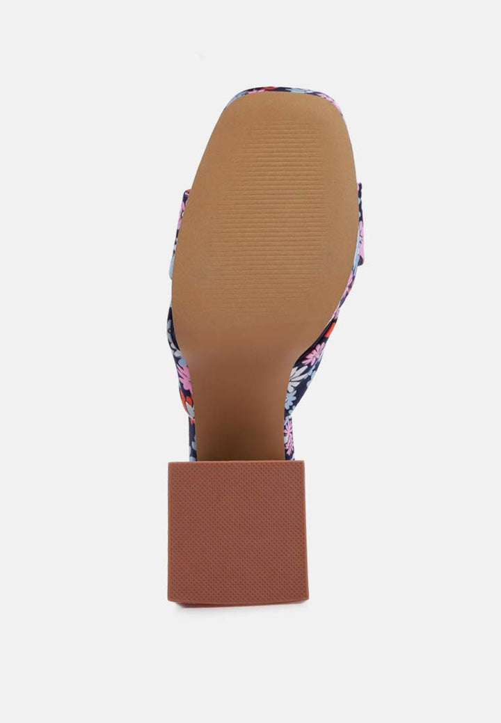 floral triangular block heel sandals#color_navy