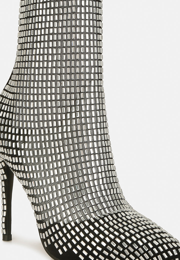 rhinestones embellished mesh boots#color_black