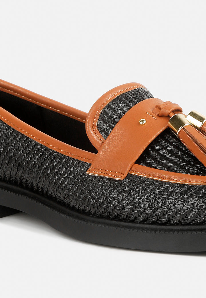women tassle detail raffia loafers#color_black