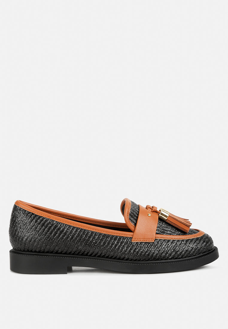 women tassle detail raffia loafers#color_black