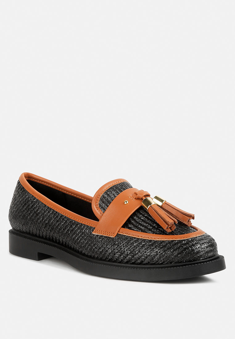 women tassle detail raffia loafers#color_black