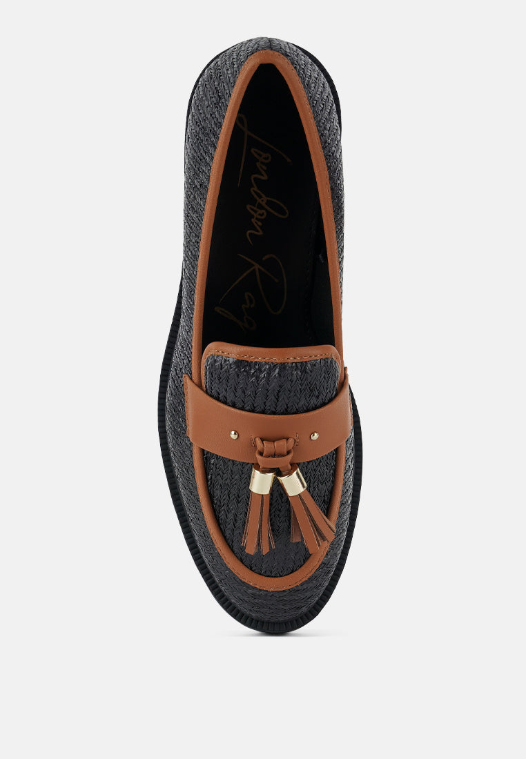 foxford tassle detail raffia loafers#color_black