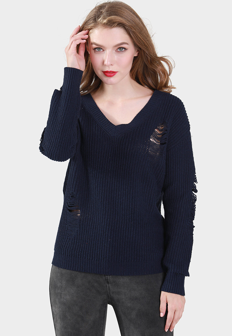 women full sleeve ribbed knit sweater#_color_navy