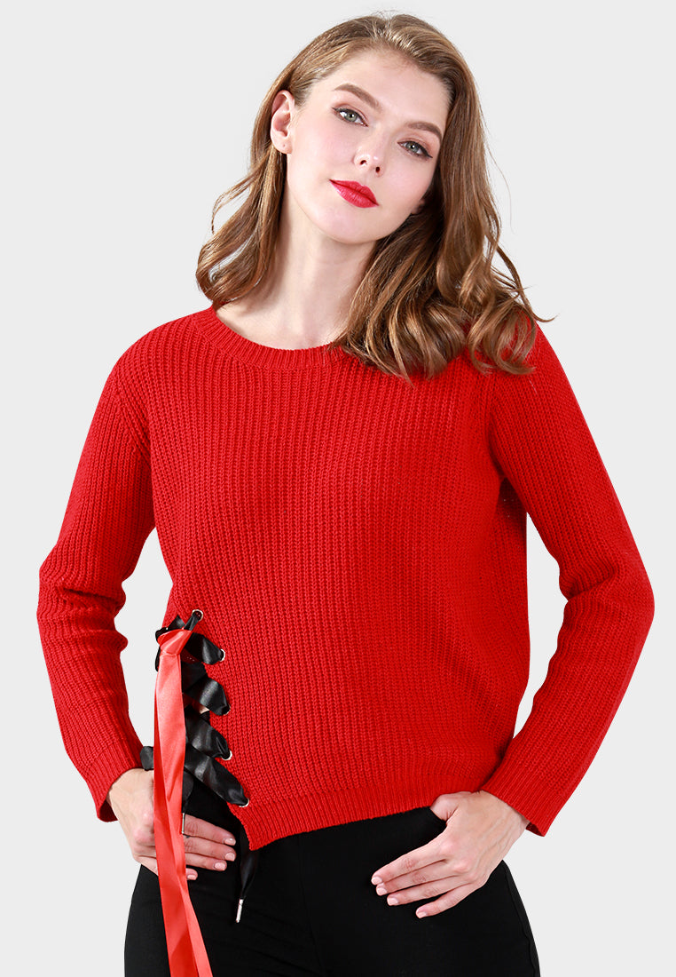 women long sleeve sweater draw string detail#color_red