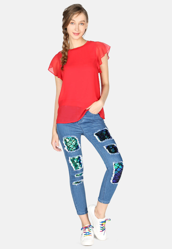 women short flutter sleeve casual top#color_red