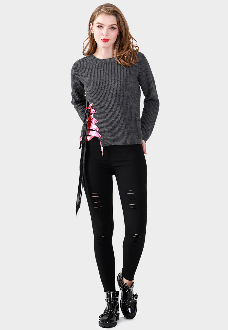 Women Long Sleeve Sweater Draw String Detail