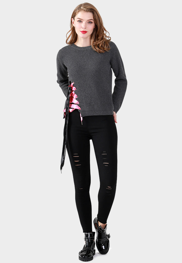 Women Long Sleeve Sweater Draw String Detail