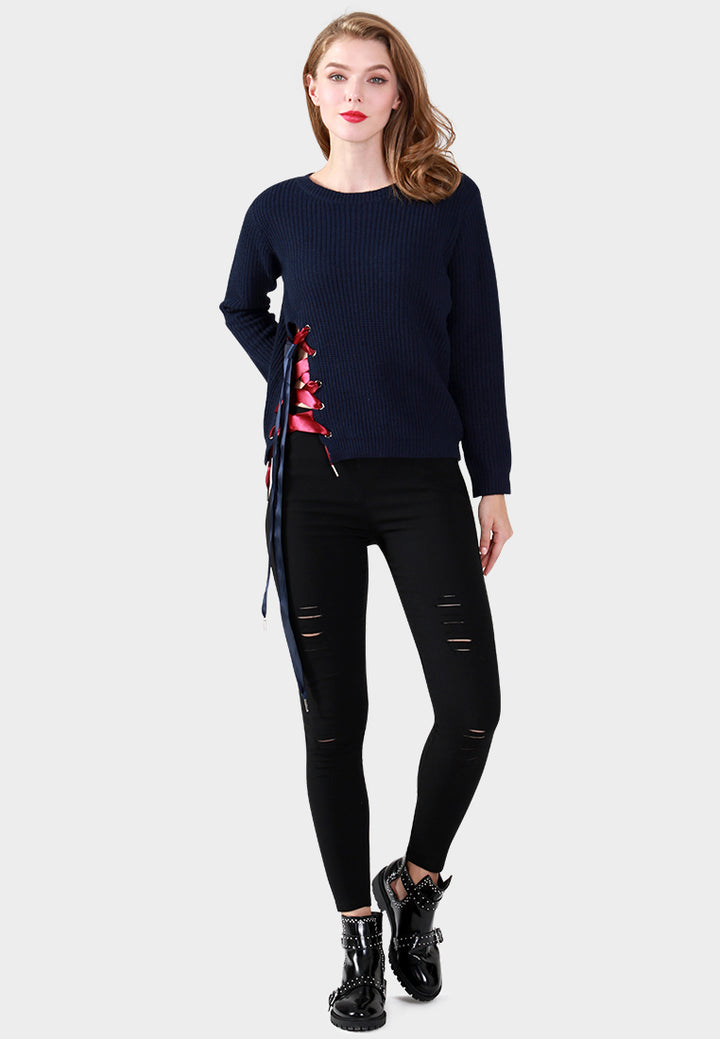 Women Long Sleeve Sweater Draw String Detail