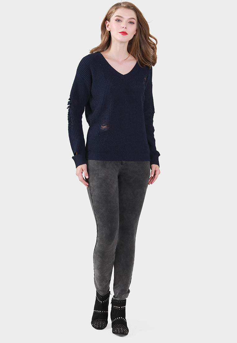 women full sleeve ribbed knit sweater#_color_navy