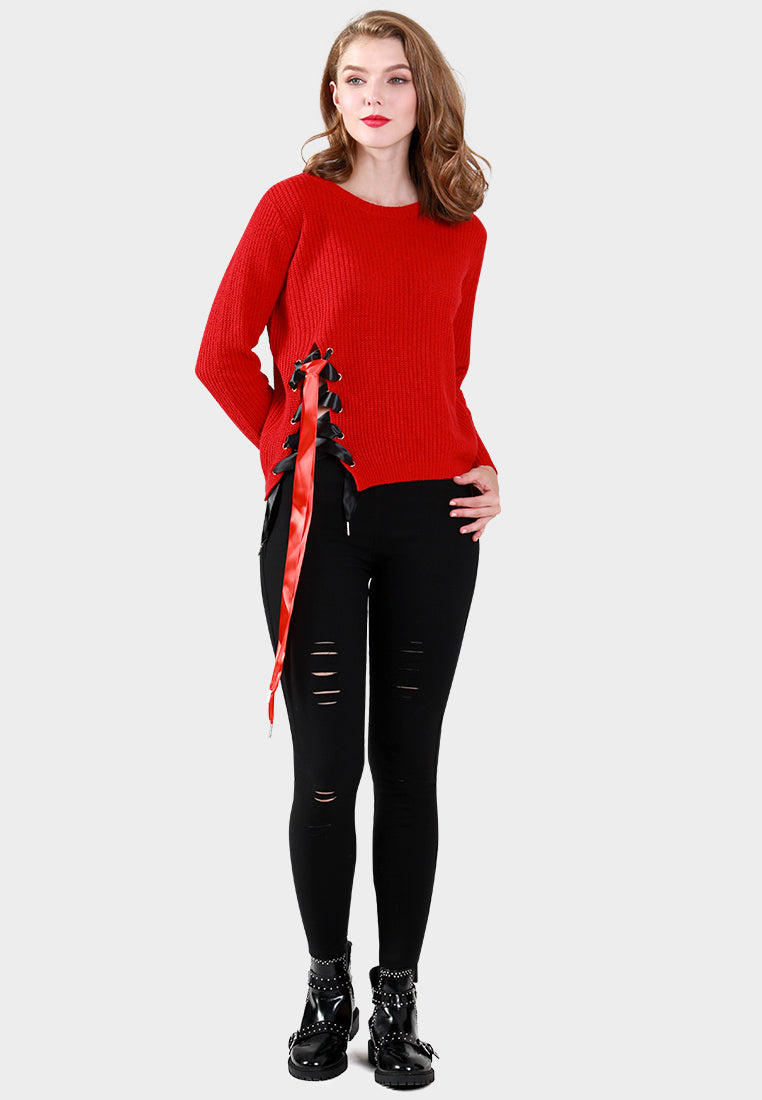 women long sleeve sweater draw string detail#color_red