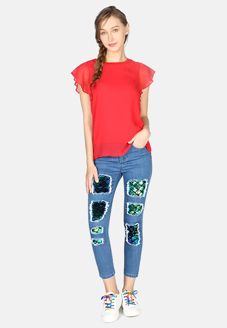 women short flutter sleeve casual top#color_red