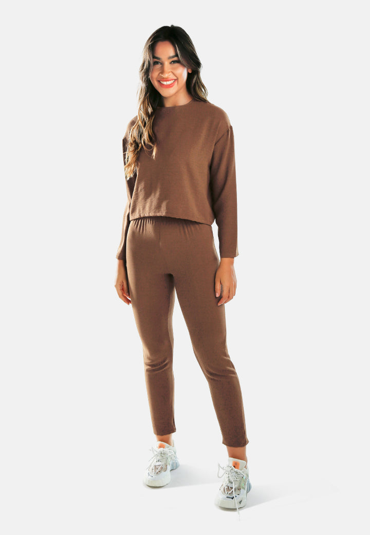 women full sleeves top & fitted full pants coord set#color_brown