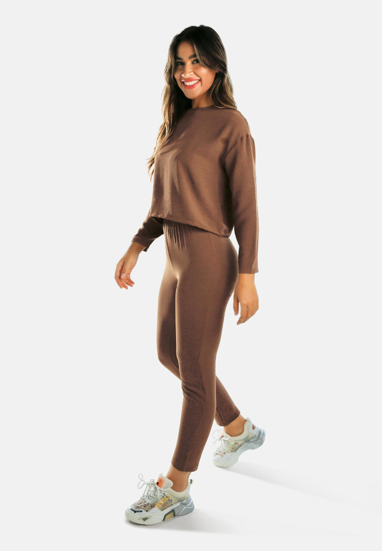 women full sleeves top & fitted full pants coord set#color_brown