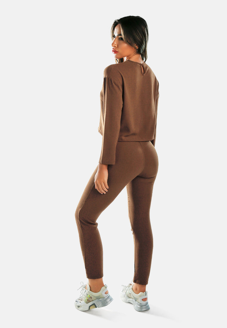 women full sleeves top & fitted full pants coord set#color_brown