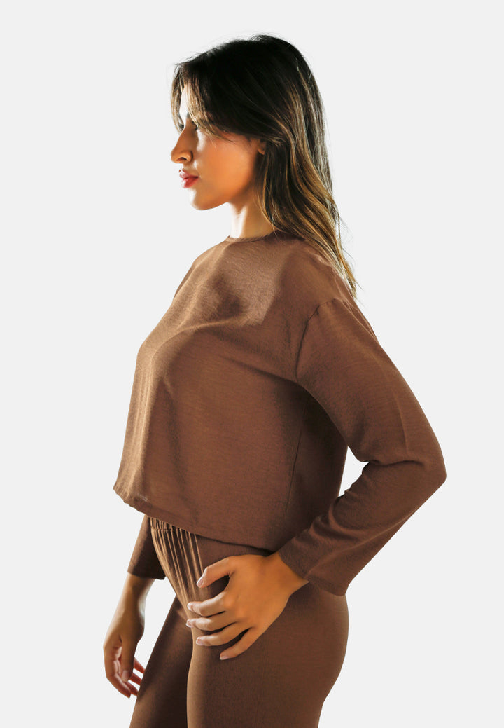 women full sleeves top & fitted full pants coord set#color_brown